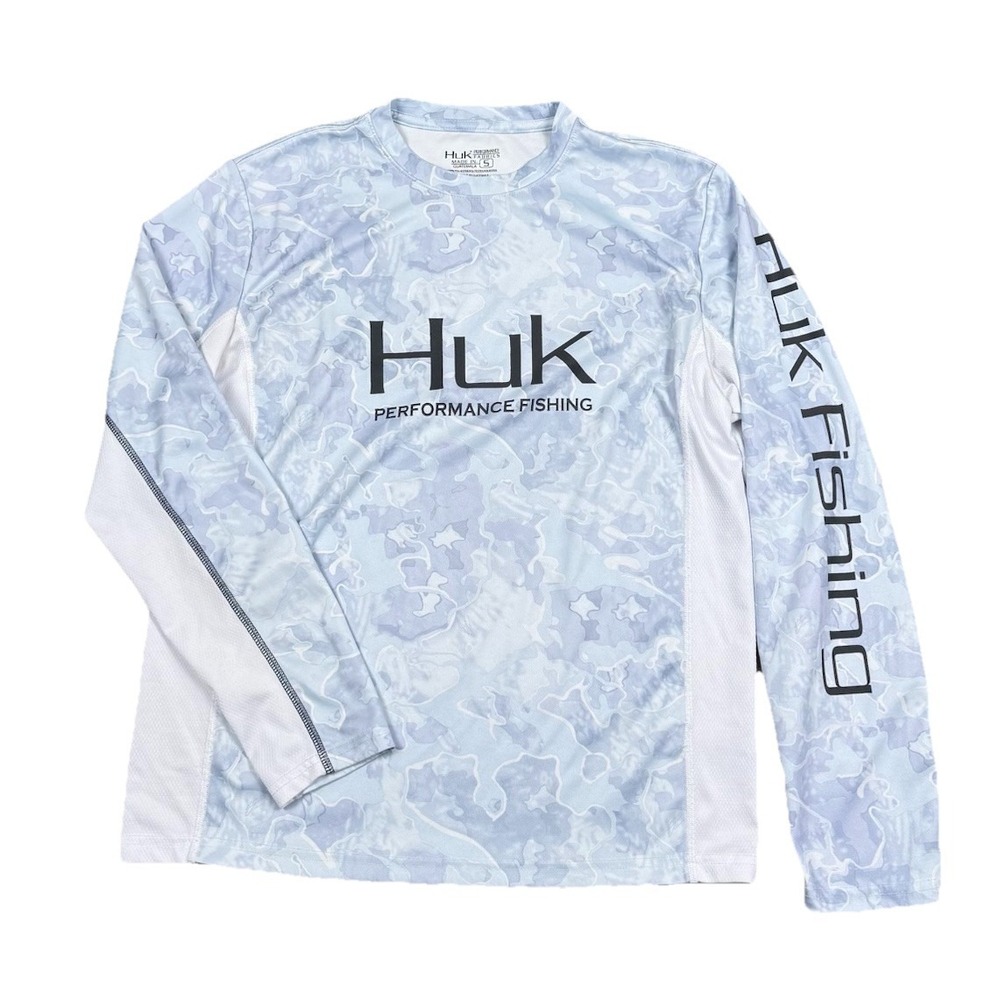 HUK Performance Fishing Shirt Mens Small White Blue Camo Long Sleeve Stretch